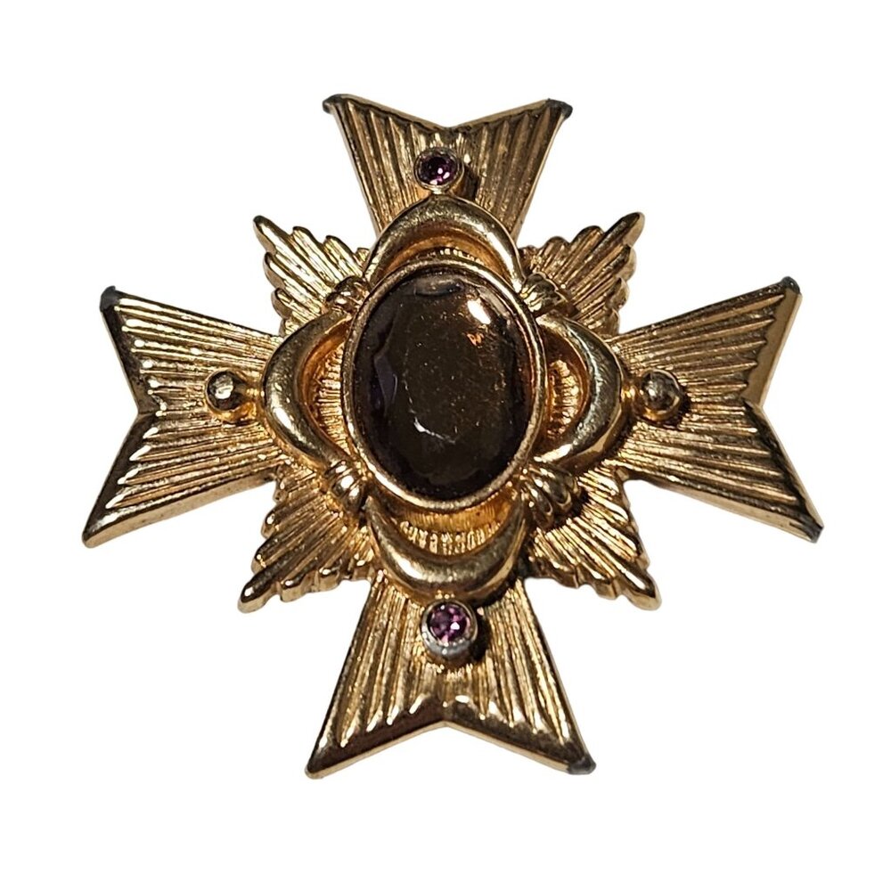 Vintage Gold Tone Cross Pin Brooch Brown Pink Gemstone Accents Religious Jewelry